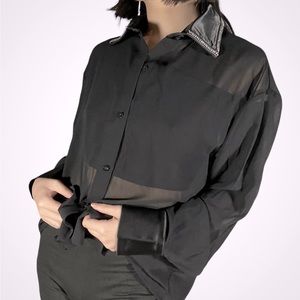 MESH OVERLAY RHINESTONE COLLARED BLOUSE
